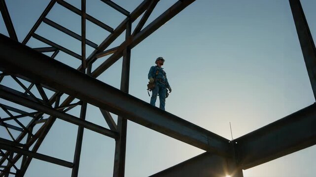 Construction worker standing on a high steel beam waving his hand. Professional ironworker on a building framework against a clear sky. Industrial real estate development concept