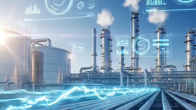 Energy industry refinery facility with pipeline network and digital data analytics interface representing modern petroleum production monitoring technology concept for animation video footage