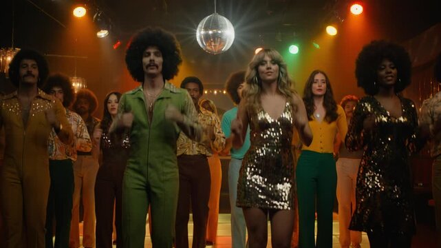Group of people dancing in a retro 70s disco club. Friends wearing vintage fashion having a party on an illuminated dance floor under a disco ball. Nostalgic nightlife concept