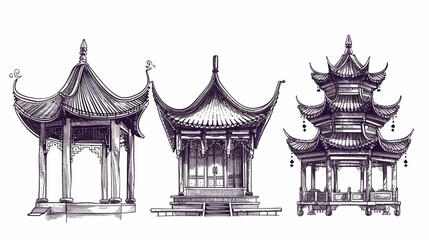 Three stylized ink sketches of Chinese-style pavilions in a line on white