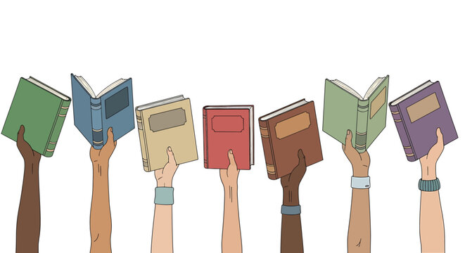 Diverse hands holding books in various colors vector illustration