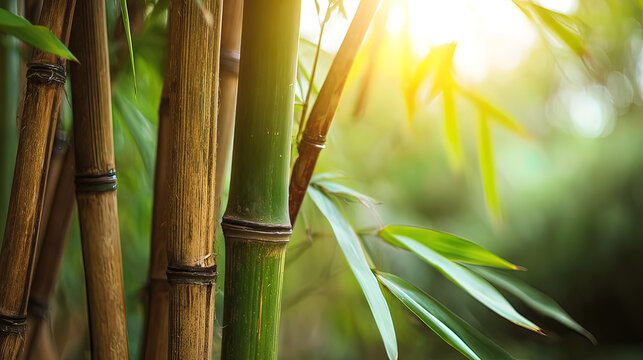 clacking. Bamboo stalks swaying and clacking in forest breeze with filtered daylight and motion blur. gardening catalogs, home-decor guides, designed for home decor and floral branding.
