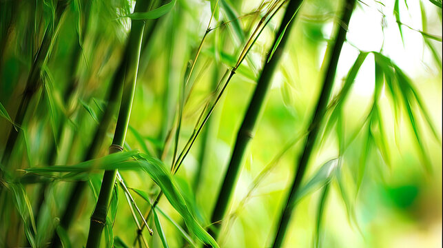 clacking. Bamboo stalks swaying and clacking in forest breeze with filtered daylight and motion blur. gardening catalogs, home-decor guides, designed for home decor and floral branding.
