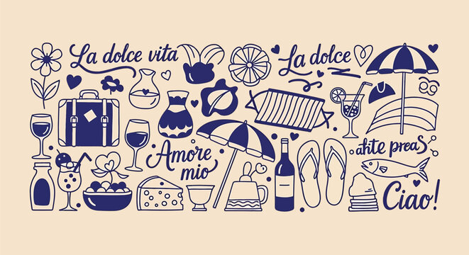 Italian summer vacation concept with various objects and phrases in blue on beige background vector illustration