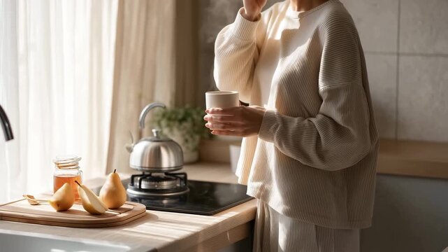 女性が朝のキッチンでベージュの服を着て腹部に手を添え湯気と朝食を準備する20代、日本人