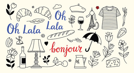 A charming illustration of various french themed icons and phrases on a beige background with a mix of black line drawings and colorful text vector illustration © Hikari Vector Studio