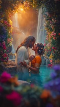 Divine couple embracing and kissing in a glowing magical pool under a waterfall. Romantic lovers in a lush fantasy garden surrounded by blooming flowers. Ethereal Garden of Eden concept