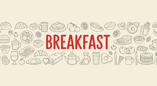 A colorful illustration of various breakfast foods and dishes with the word breakfast in bold red letters on a beige background with line drawings vector illustration