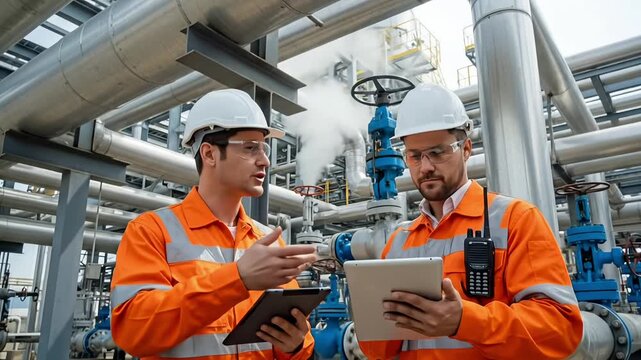 Industrial engineers inspection at modern oil refinery plant with pipeline network technology discussing maintenance safety production process for industry video footage