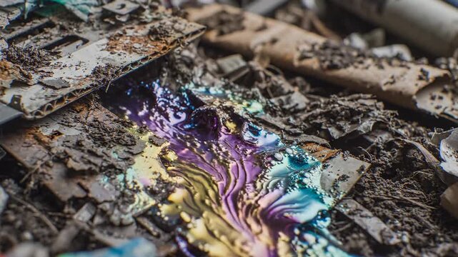 Iridescent chemical contamination leaching from discarded industrial waste and debris