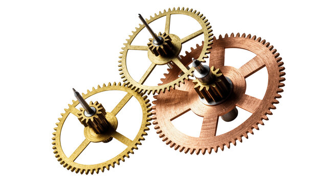 Isolated detailed golden metallic clockwork gears mechanism representing precision, time, and industry.
