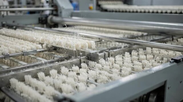 Medium shot capturing cutting equipment slicing crimped staple fiber tops into uniform lengths emphasizing precision and automation in fiber manufacturing.