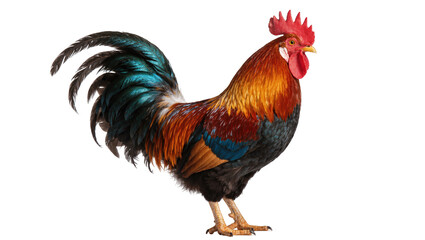 Isolated vibrant rooster standing proud, displaying colorful feathers and majestic pose © Ines