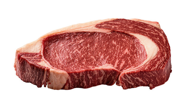Isolated raw marbled ribeye beef steak, fresh and uncooked, ready for grilling or cooking