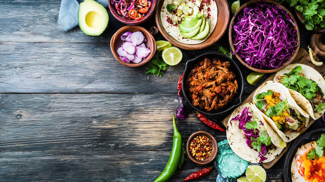carnitas. Overhead view of Mexican taco ingredients arranged beautifully on a rustic surface. menu design, packaging mockups, designed for food delivery and cloud-kitchen brand materials.
