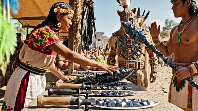 Aztec markets alive with quetzal feathers and obsidian tools.