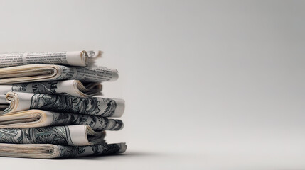 journalism. Artistic stack of newspapers under soft overhead light on a minimalist grey surface. lifestyle magazines, social media lookbooks, designed for influencer and brand collaborations.