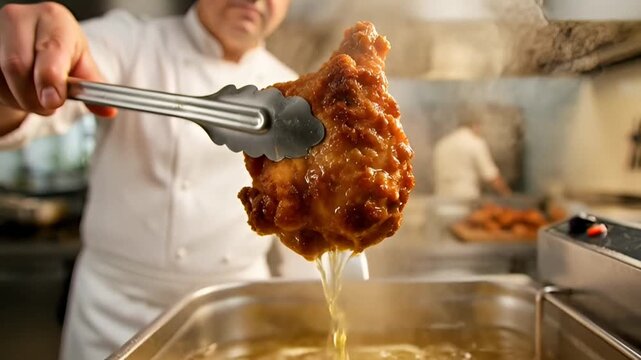 Crispy Fried Chicken Food Photography, Restaurant Kitchen Cooking, Chef Preparing Meal