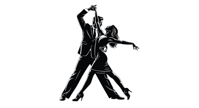 A black silhouette of a man and woman dancing tango with dramatic poses and movements vector illustration