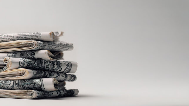 journalism. Artistic stack of newspapers under soft overhead light on a minimalist grey surface. lifestyle magazines, social media lookbooks, designed for influencer and brand collaborations.
