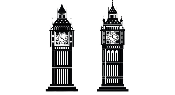 Black and white illustration of big ben clock towers london iconic landmarks vector illustration