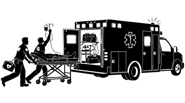 Black and white silhouette illustration of emergency medical technicians loading a patient ambulance isolated on transparent background, Vector
