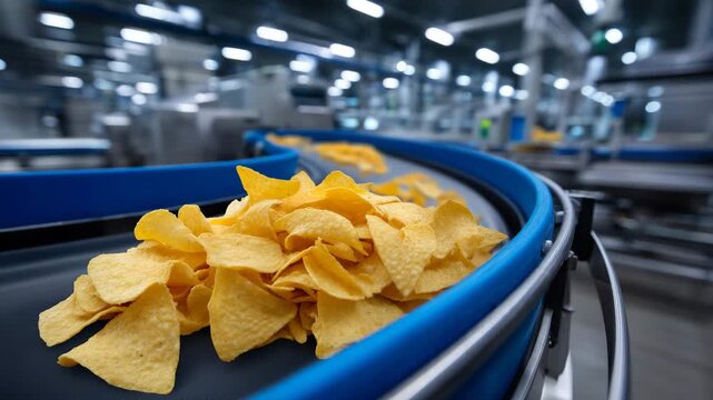 219Conveyor belt in snack manufacturing plant, stacks of chips and crispy snacks moving under processing machines, food factory environment, industrial production line, clean and brig