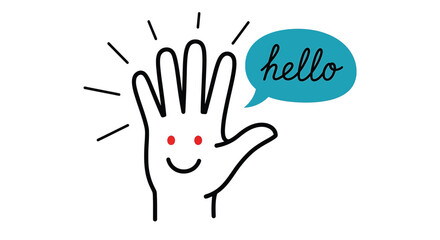 A cartoon hand with a smiling face and a speech bubble saying hello on a with lines indicating movement or excitement vector illustration © Hikari Vector Studio