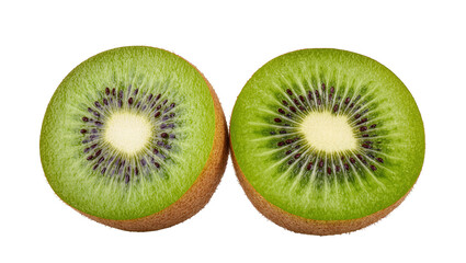 Fototapeta premium Isolated two halves of fresh ripe kiwi fruit vibrant green flesh and black seeds close up