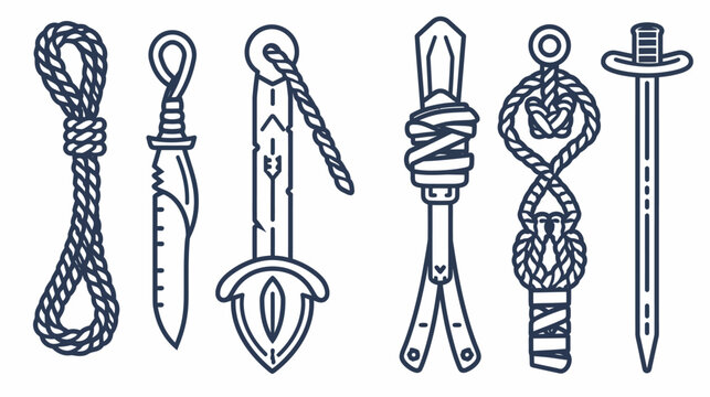 Six line-art style weapons; a rope noose, knife, three ornate daggers, and classic sword
