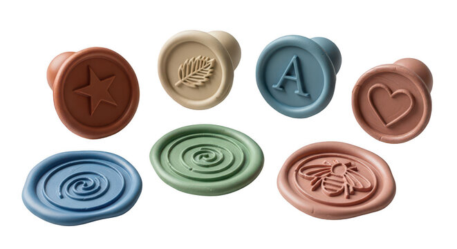 various pastel colored wax stampers are arranged on a white surface decorative designs invitations and crafts