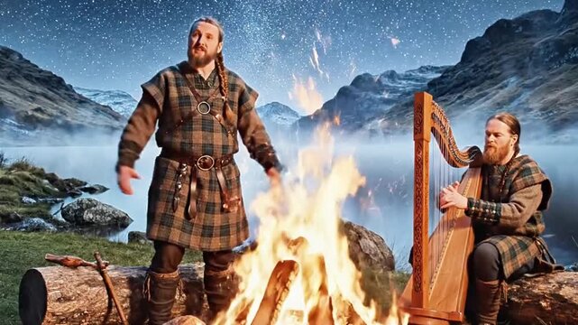 Celtic bards reciting epics by a lochside fire, harps strumming.