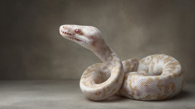 Portrait of an Albino Ball Python Snake with Rare White and Gold Scale Patterns Coiled Elegantly on a Neutral Background Showing Detailed Reptile Skin Texture and Red Eyes in a Studio Environment