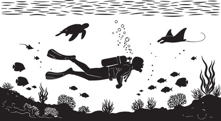 Obraz premium A black and white silhouette illustration of a scuba diver exploring a vibrant coral reef scene isolated on transparent background, Vector