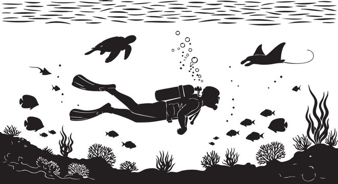 A black and white silhouette illustration of a scuba diver exploring a vibrant coral reef scene isolated on transparent background, Vector