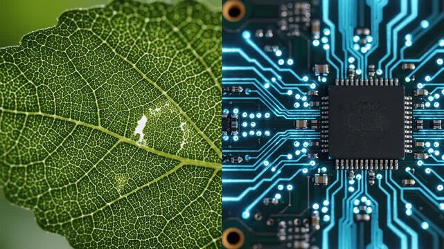 Split Screen Leaf Vein Network Digital Circuit Board Patterns Mirroring Nature Technology.