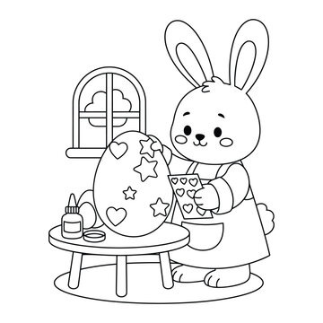 Easter bunny decorating egg with heart and star stickers coloring page scene