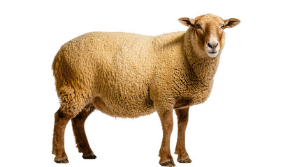 Isolated full-body domestic sheep with light brown wool standing, gazing forward © Ines