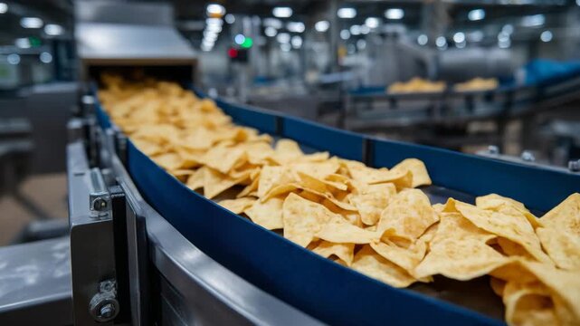 230Automated factory conveyor transporting crackers for packaging, industrial machinery in background, hygienic stainless steel equipment, modern food processing plant, wide-angle fac