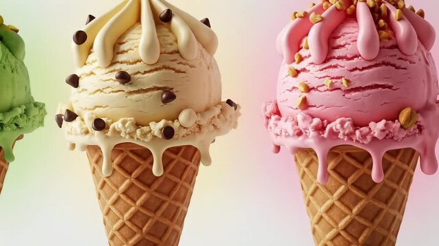 Ice cream cones with pistachio vanilla strawberry flavors melting over waffle texture creating colorful sweet dessert concept for menu promotion animation video