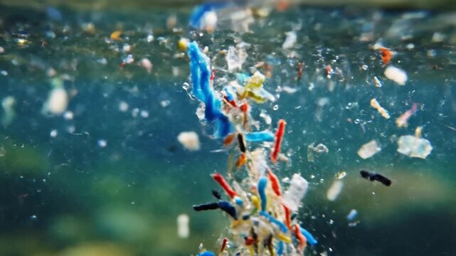 Colorful microplastic particles drifting and fragmenting in murky aquatic environment