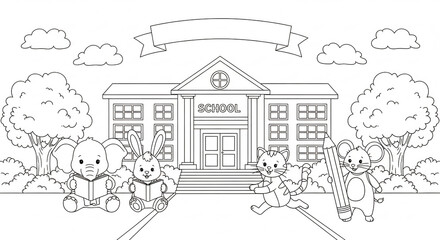 Obraz premium 学校の建物と動物たちの楽しい一日を白黒で描く