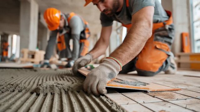 Construction workers laying tile over concrete floor in a commercial building during the day for a renovation project