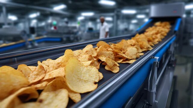 234Snack production line in food processing factory, conveyor belt carrying chips, crackers, and other crispy snacks, machines performing packaging and quality checks, realistic indus