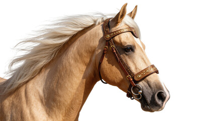 Naklejka premium Isolated beautiful palomino horse head and neck profile with flowing blonde mane, ornate bridle