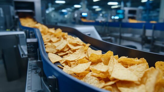 243Industrial factory conveyor transporting snacks for packaging, modern machines aligning and sorting chips or crackers, stainless steel production line, hygienic food processing env