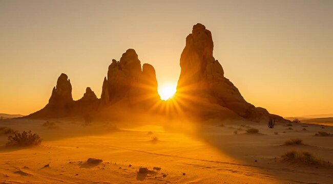 Golden Sunlight Illuminating Desert Rock Formations with Sand Blowing in the Wind