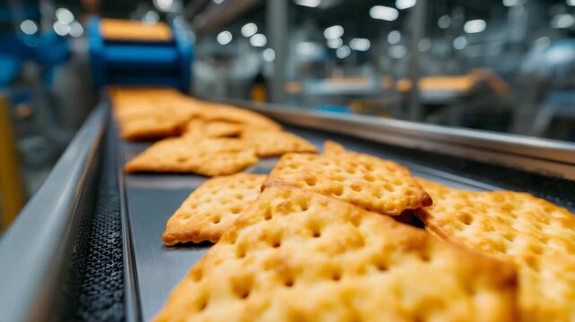 246Macro close-up of golden crackers moving on stainless steel conveyor belt, crisp texture highlighted, industrial snack production line, automated machinery processing snacks, moder