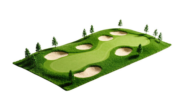 Isolated detailed diorama of a vibrant miniature golf course featuring sandy bunkers.