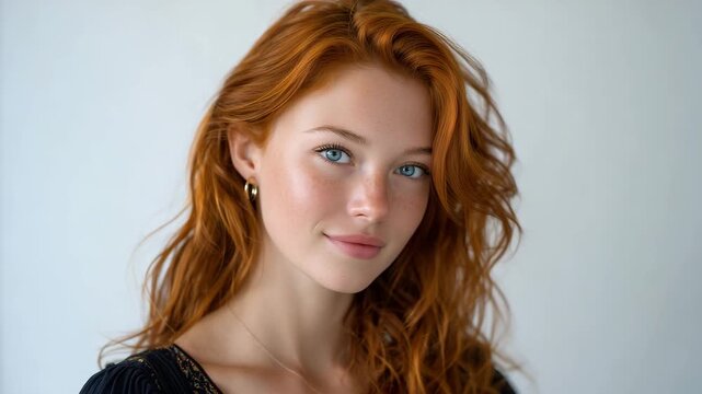 246Studio portrait of a 30-year-old woman with dyed red hair and striking blue eyes, neutral facial expression, soft even lighting, pure white seamless background, natural skin textur